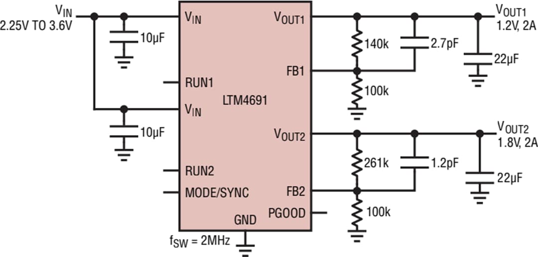 Schéma du circuit d'application - Analog Devices Inc. Régulateur µModule® CC-CC LTM4691