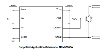 Schéma du circuit d'application - onsemi  Commandes de grilles isolées à courant élevé NCV57080 