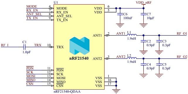 Schéma du circuit d'application - Nordic Semiconductor Modules frontaux RF nRF21540