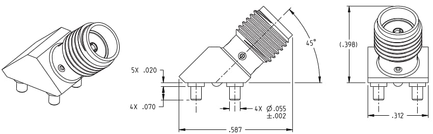 Plan mécanique - Johnson / Cinch Connectivity Solutions Connecteurs SMA à montage PCB 45 °