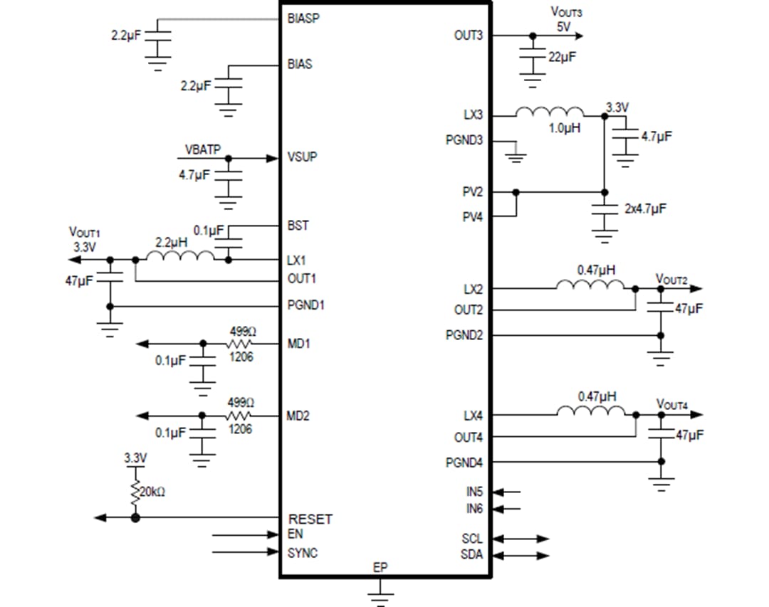 Schéma du circuit d'application - Analog Devices Inc. Mini PMIC à quatre sorties MAX20430