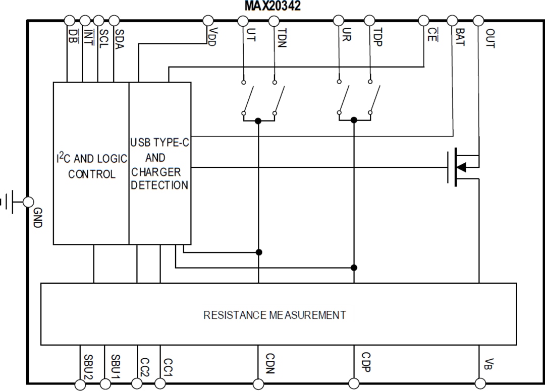 Schéma de principe - Analog Devices Inc. MAX20342 Détecteur de chargeur USB Type-C™