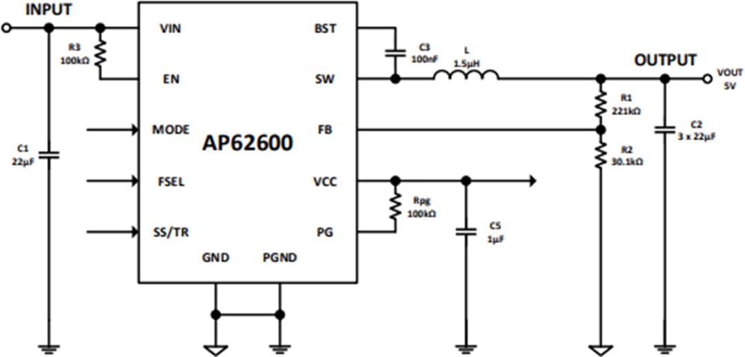 Schéma du circuit d'application - Diodes Incorporated Convertisseur Buck synchrone AP62600