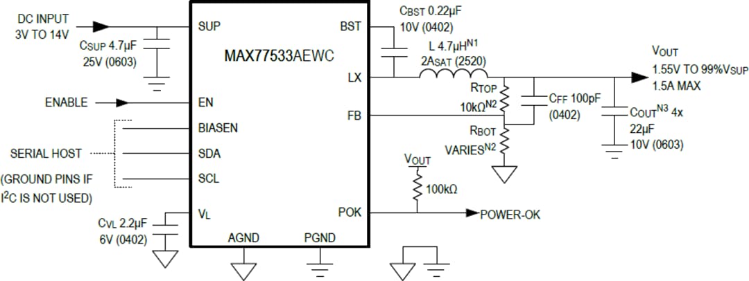 Schéma du circuit d'application - Analog Devices Inc. Convertisseur Buck à haute efficacité MAX77533