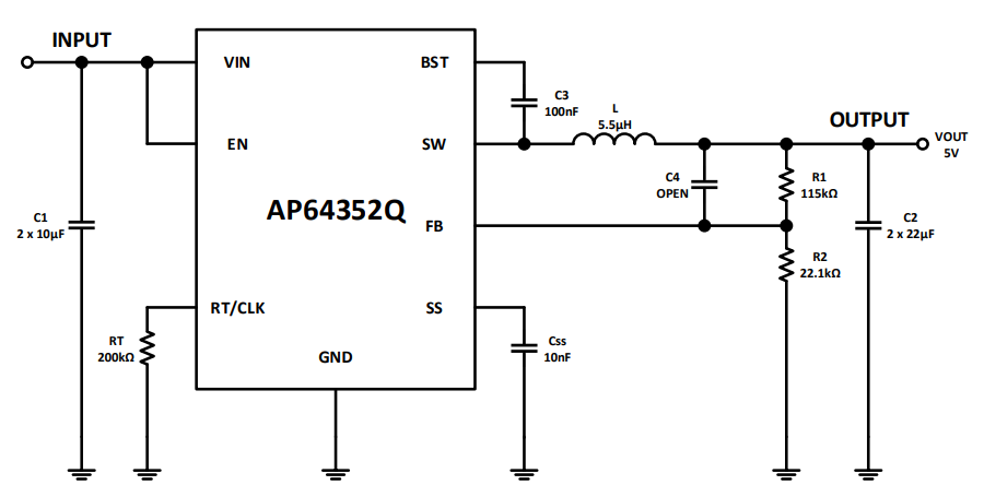 Schéma du circuit d'application - Diodes Incorporated Régulateur de tension à découpage AP64352Q