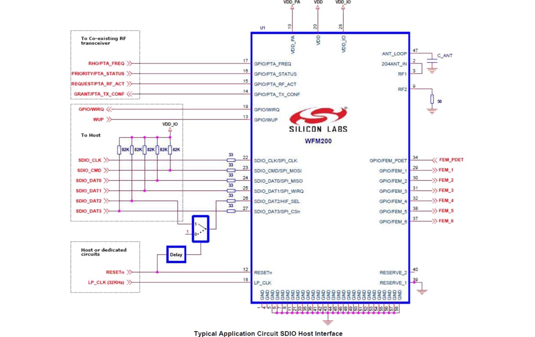 Schéma du circuit d'application - Silicon Labs Module SiP Wi-Fi® série 2 WFM200S