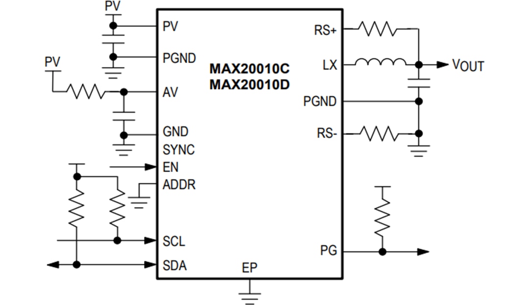 Schéma du circuit d'application - Analog Devices Inc. Convertisseurs Buck MAX20010x