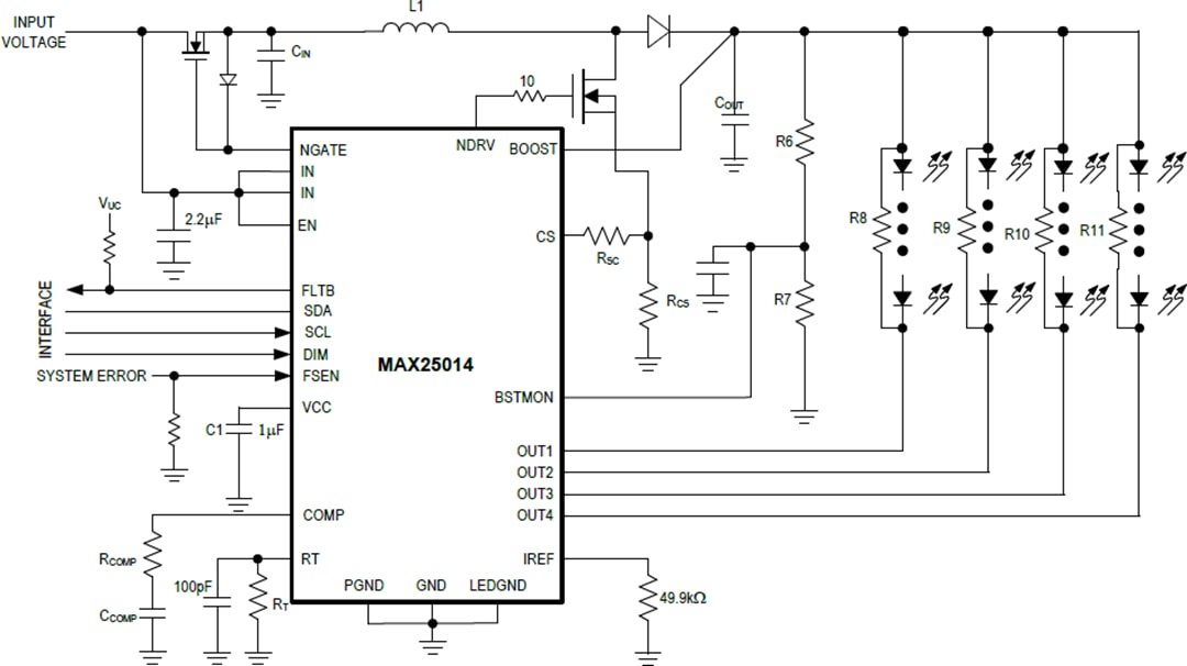 Schéma du circuit d'application - Analog Devices Inc. Pilote de rétroéclairage automobile à 4 canaux MAX25014