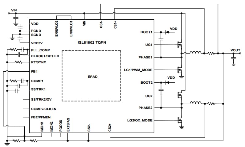 Schéma du circuit d'application - Renesas Electronics Doubles contrôleurs Buck synchrones ISL81802