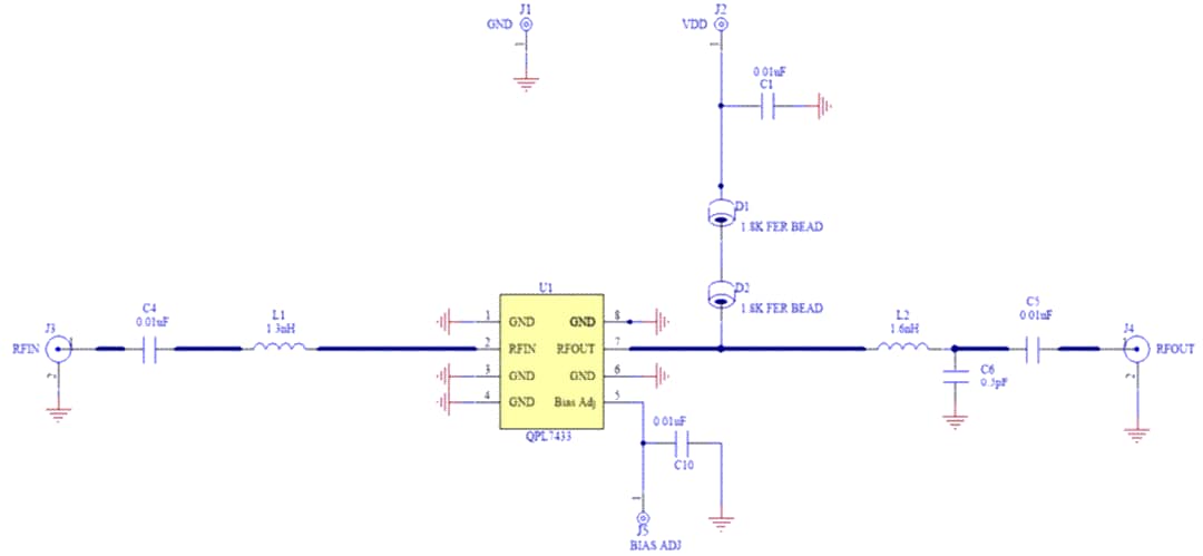 Schéma du circuit d'application - Qorvo Amplificateur à faible bruit QPL7433 de 45 MHz à 3,3 GHz