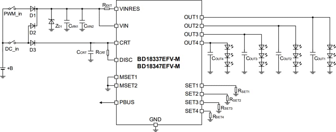 Schéma du circuit d'application - ROHM Semiconductor Pilotes LED BD18337EFV-ME2 & BD18347EFV-ME2 Drivers