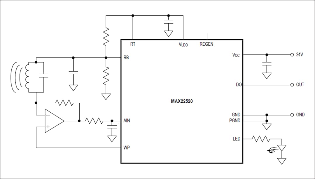 Schéma du circuit d'application - Analog Devices Inc. Pilote de sortie de capteur industriel MAX22520