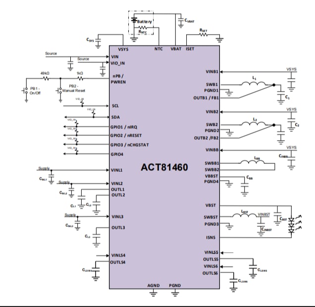 Schéma du circuit d'application - Qorvo PMIC à faible puissance ACT81460VM101