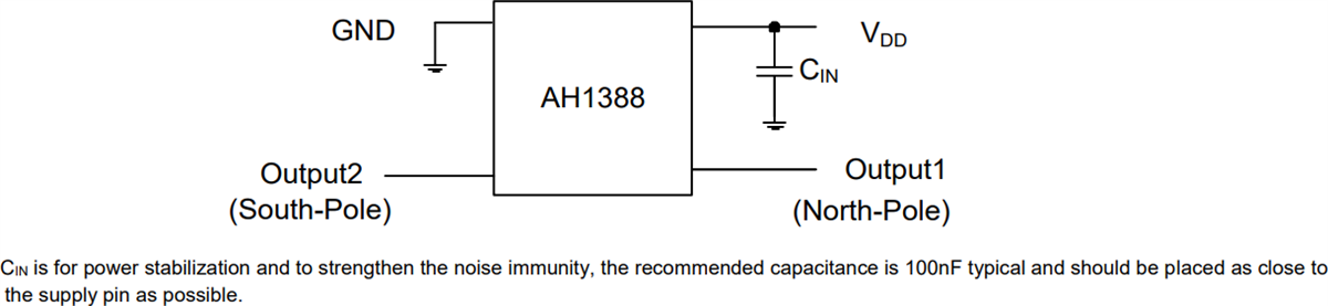 Schéma du circuit d'application - Diodes Incorporated Commutateur à effet Hall unipolaire à double sortie AH1388