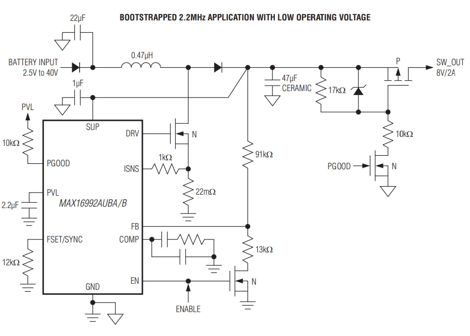 Schéma du circuit d'application - Analog Devices Inc. Contrôleurs PWM en mode courant MAX16990/MAX16992