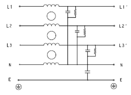 Schéma du circuit d'application - TE Connectivity Filtres EMI triphasés à usage général KEB et KES