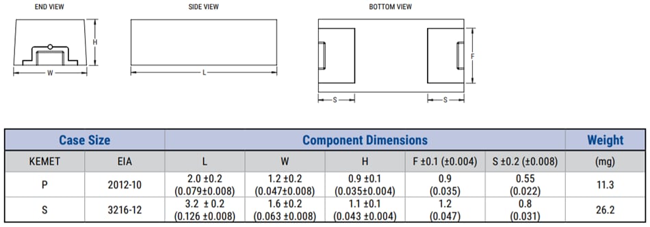 Plan mécanique - KEMET Condensateurs polymères AEC-Q200 de petite taille 125 °C T597