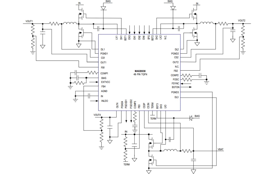 Schéma du circuit d'application - Analog Devices Inc. Contrôleurs abaisseurs automobiles MAX20030/1