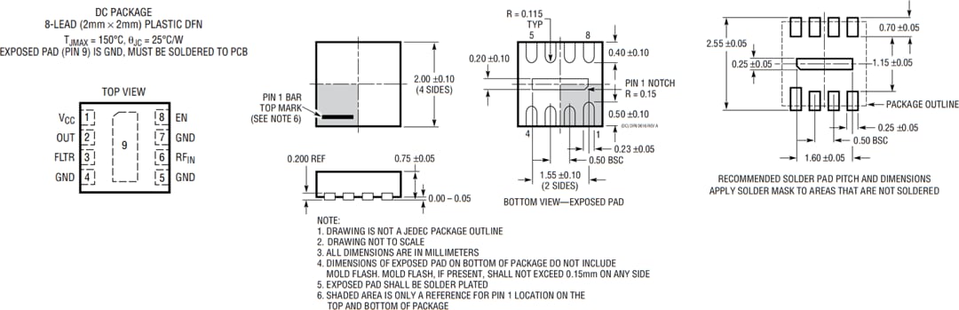 Plan mécanique - Analog Devices Inc. Détecteur de puissance RMS LTC5597 (0,1 GHz à 70 GHz)
