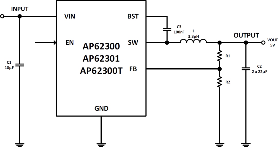 Schéma du circuit d'application - Diodes Incorporated Convertisseurs Buck synchrones AP62300/1 Buck et AP62300T