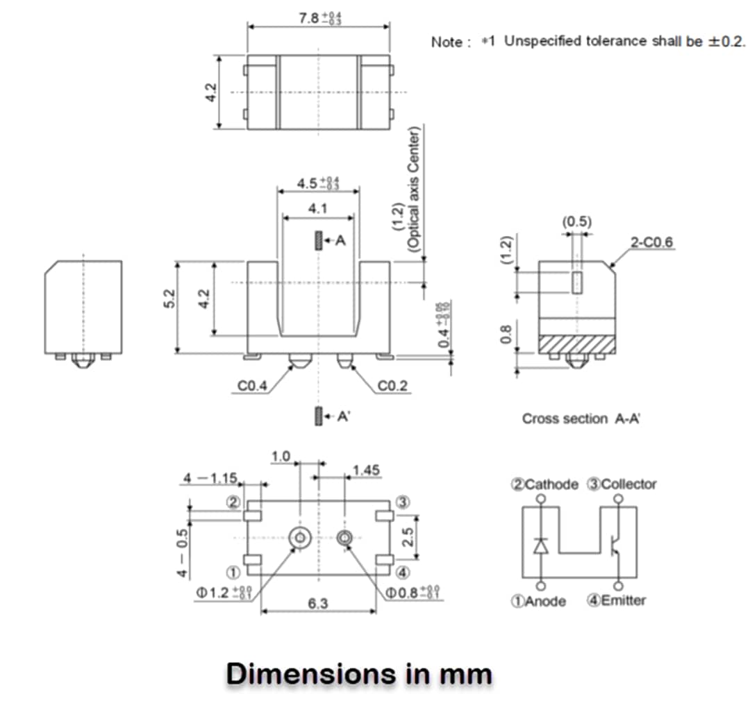 Plan mécanique - ROHM Semiconductor Capteur optique RPI-0451E