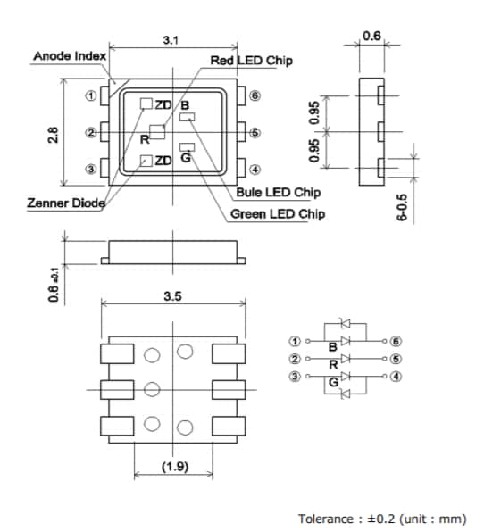 Plan mécanique - ROHM Semiconductor LED tricolore SMLVN6RGB7W1