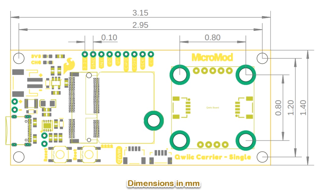 Mechanical Drawing - SparkFun MicroMod Qwiic Carrier Board - Single (DEV-17723)