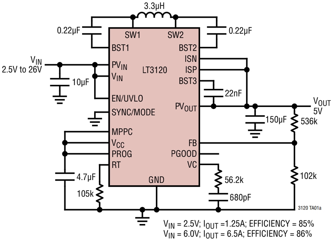 Schéma du circuit d'application - Analog Devices Inc. Convertisseur buck-boost monolithique LT3120