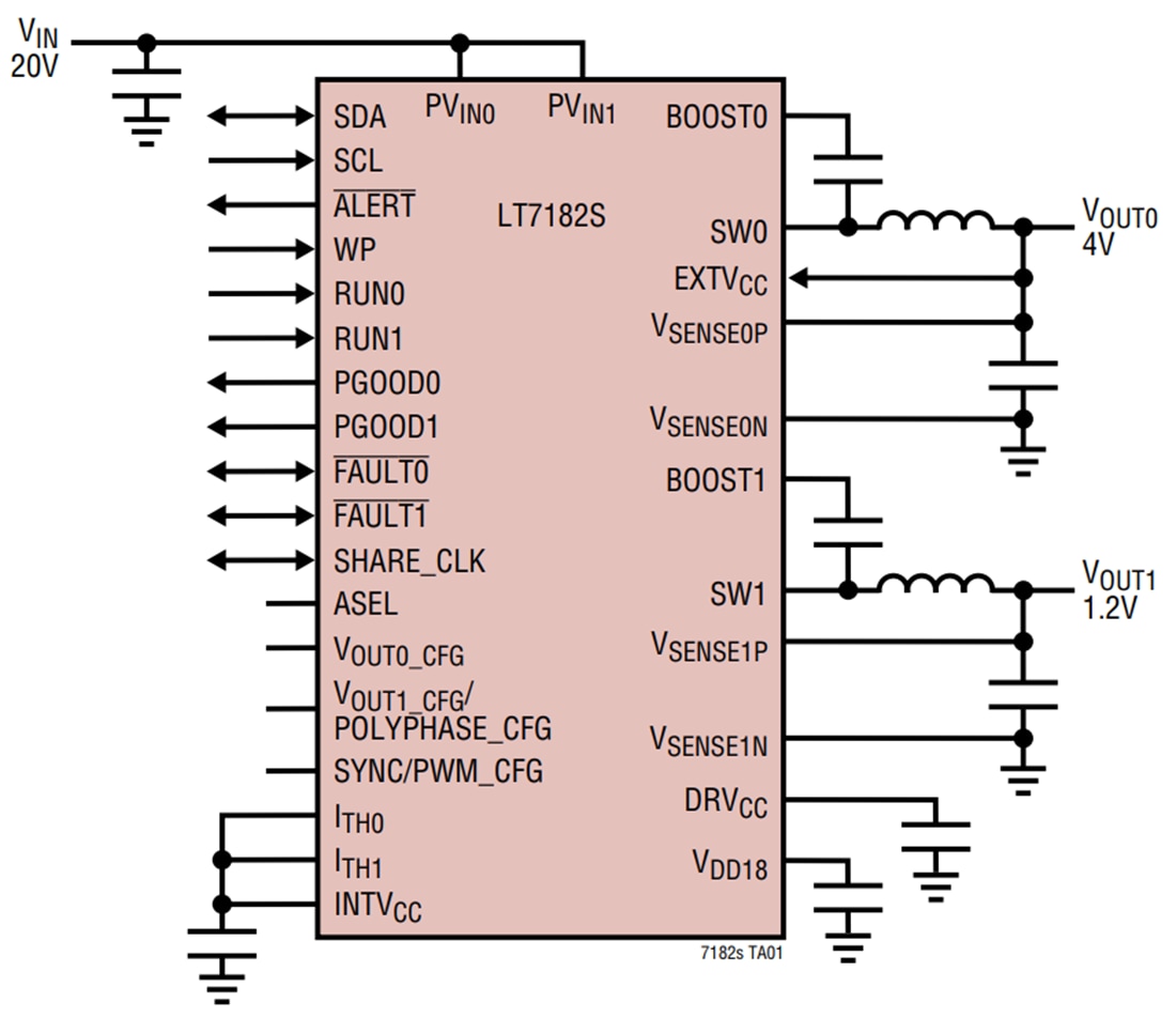 Schéma du circuit d'application - Analog Devices Inc. Régulateur abaisseur à double sortie LT7182S