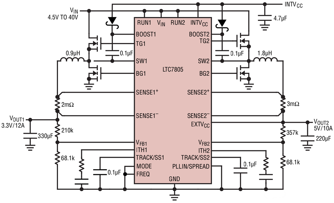Schéma du circuit d'application - Analog Devices Inc. Contrôleur abaisseur synchrone LTC7805