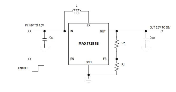 Schéma du circuit d'application - Analog Devices / Maxim Integrated Convertisseur Boost micro-puissance haute tension MAX17291B