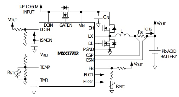 Schéma du circuit d'application - Analog Devices / Maxim Integrated Contrôleur de chargeur de batterie MAX17702