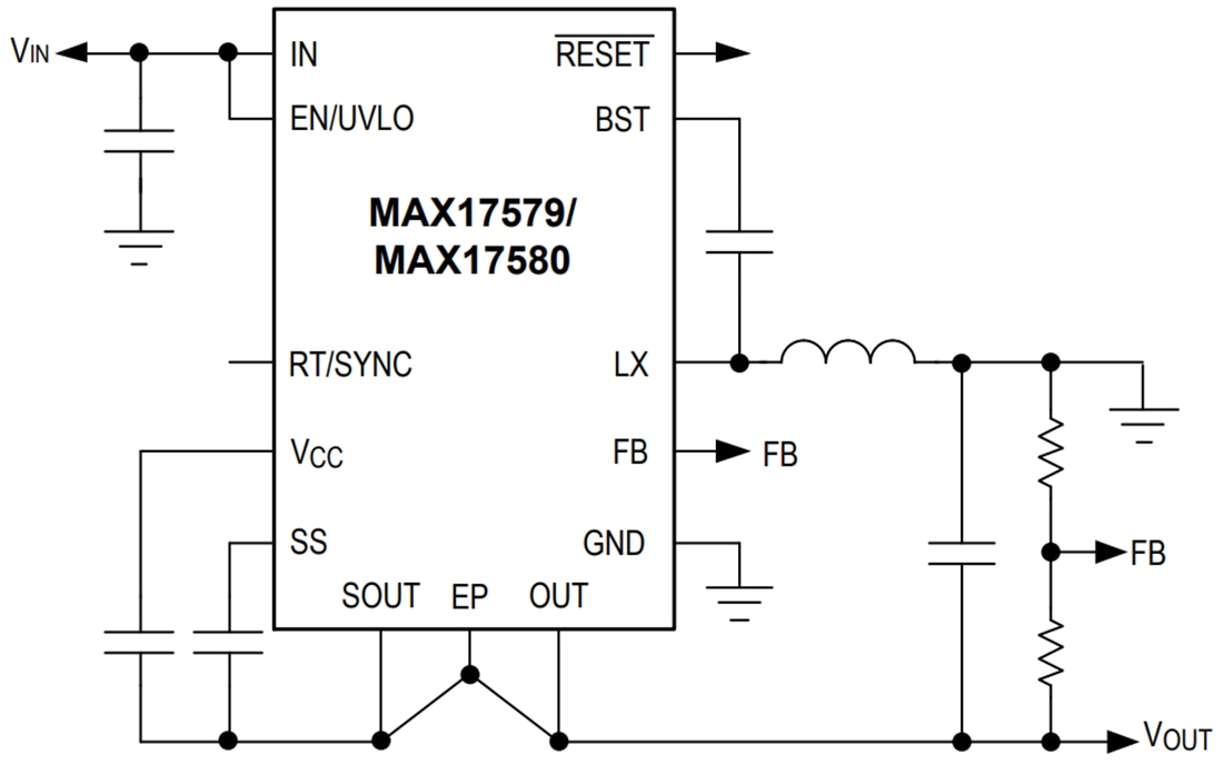 Schéma du circuit d'application - Analog Devices / Maxim Integrated Convertisseurs CC-CC synchrones MAX17579/MAX17580
