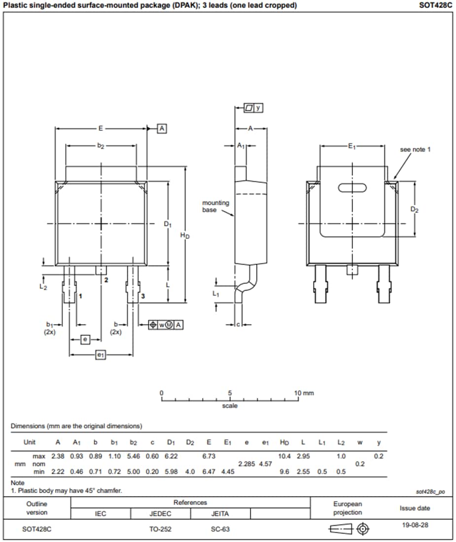 Plan mécanique - Nexperia Transistors bipolaires 100 V 6 A MJD41C et MJD42C