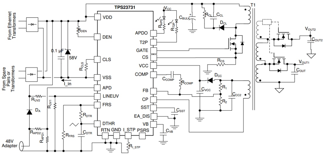 Schéma du circuit d'application - Texas Instruments Dispositif d'alimentation électrique par câble Ethernet TPS23731