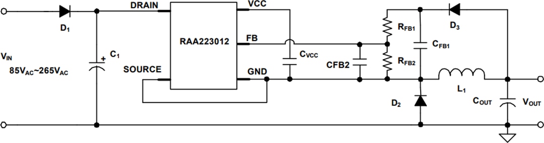 Schéma du circuit d'application - Renesas Electronics Régulateur Buck CA-CC non isolé 700 V RAA223012