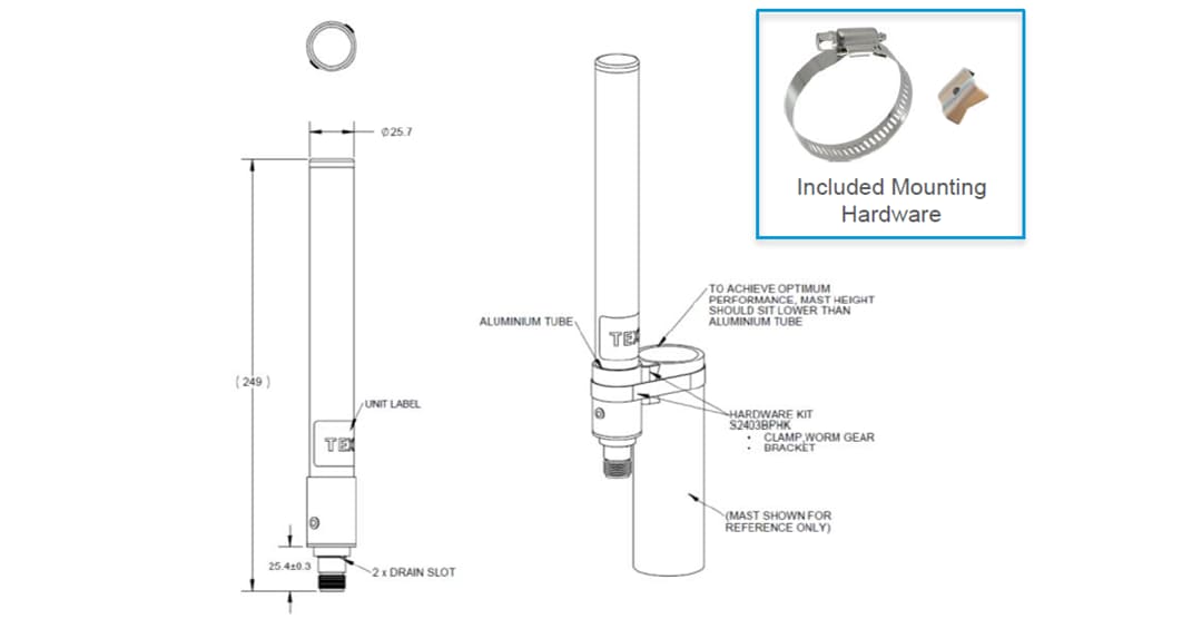 Plan mécanique - TE Connectivity Antenne omnidirectionnelle multibande CBRS, bande C, 4G/5G OC69421
