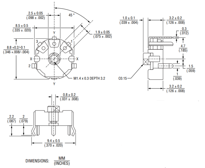Plan mécanique - Bourns Potentiomètres Micro-rotatifs PDB08