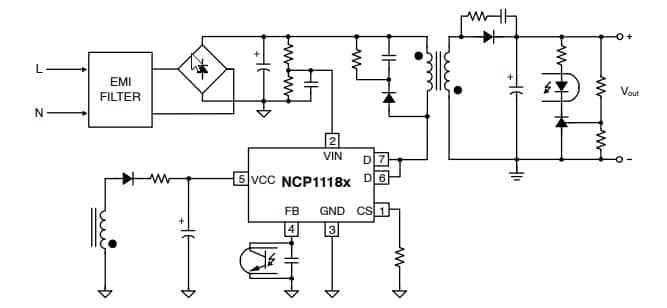 Schéma du circuit d'application - onsemi Commutateurs de 800 V en mode veille amélioré NCP11187
