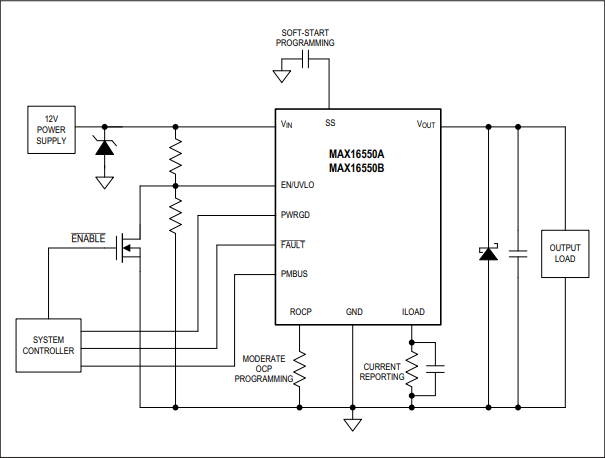 Schéma de principe - Analog Devices / Maxim Integrated CI de protection intégrée MAX16550B