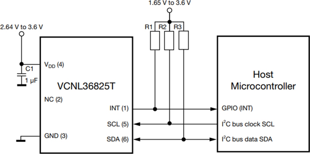 Schéma du circuit d'application - Vishay Capteur de proximité VCNL36825T