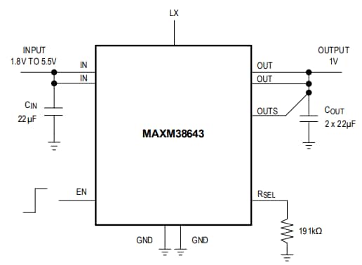 Schéma du circuit d'application - Analog Devices / Maxim Integrated Module Buck nanoPower MAXM38643