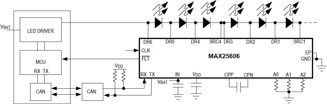 Schéma du circuit d'application - Analog Devices / Maxim Integrated Gestionnaire de matrice MAX25606 à 6 commutateurs pour éclairage LED 
