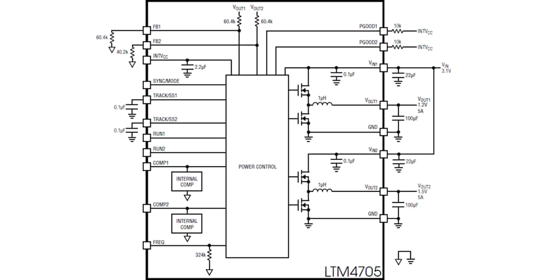 Schéma de principe - Analog Devices Inc. Régulateur μModule® CC-CC LTM4705 - ADI | Mouser