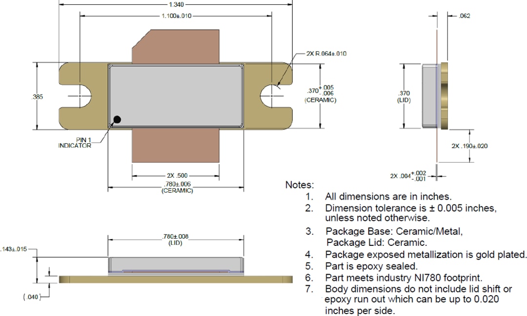 Plan mécanique - Qorvo Transistors 750 W QPD1028 et QPD1028L au GaN sur carbure de silicium (SiC)