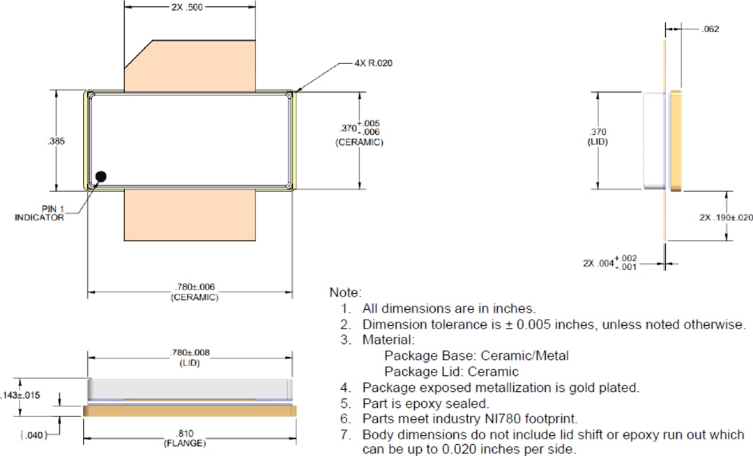 Plan mécanique - Qorvo Transistors 750 W QPD1028 et QPD1028L au GaN sur carbure de silicium (SiC)