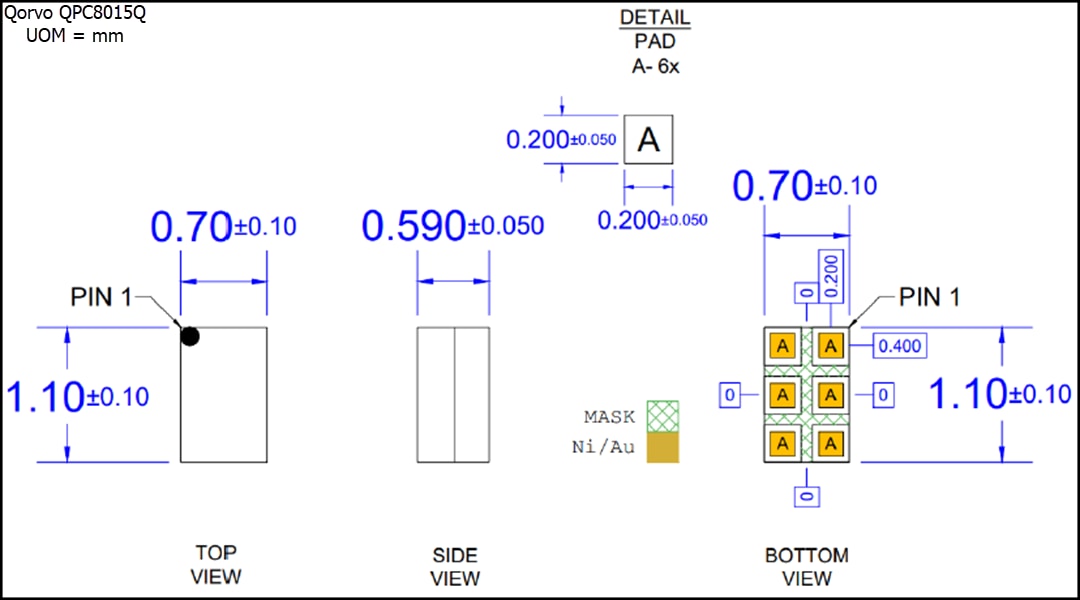 Plan mécanique - Qorvo Commutateur de routage unipolaire bidirectionnel QPC8015Q