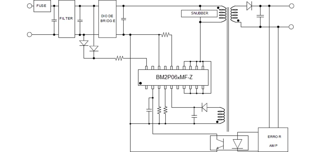 Schéma du circuit d'application - ROHM Semiconductor Convertisseurs CC-CC MLI BM2P06xMF-Z