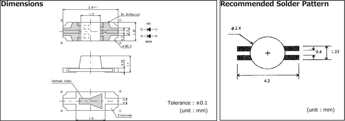 Plan mécanique - ROHM Semiconductor LED à puce bicolore SML-825MVW