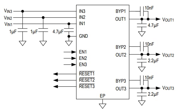 Schéma de principe - Analog Devices / Maxim Integrated Régulateurs linéaires LDO à faible bruit MAX25308